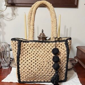 Kimba Crochet Straw Handbag with Sphere Tassel Charm Embellishment